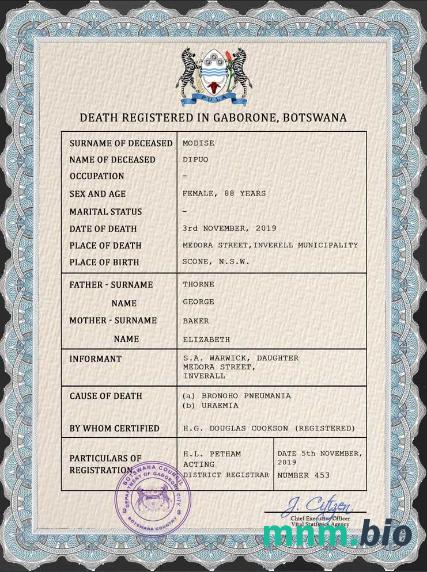 Botswana rekord życiowy śmierć certyfikat PSD szablon
